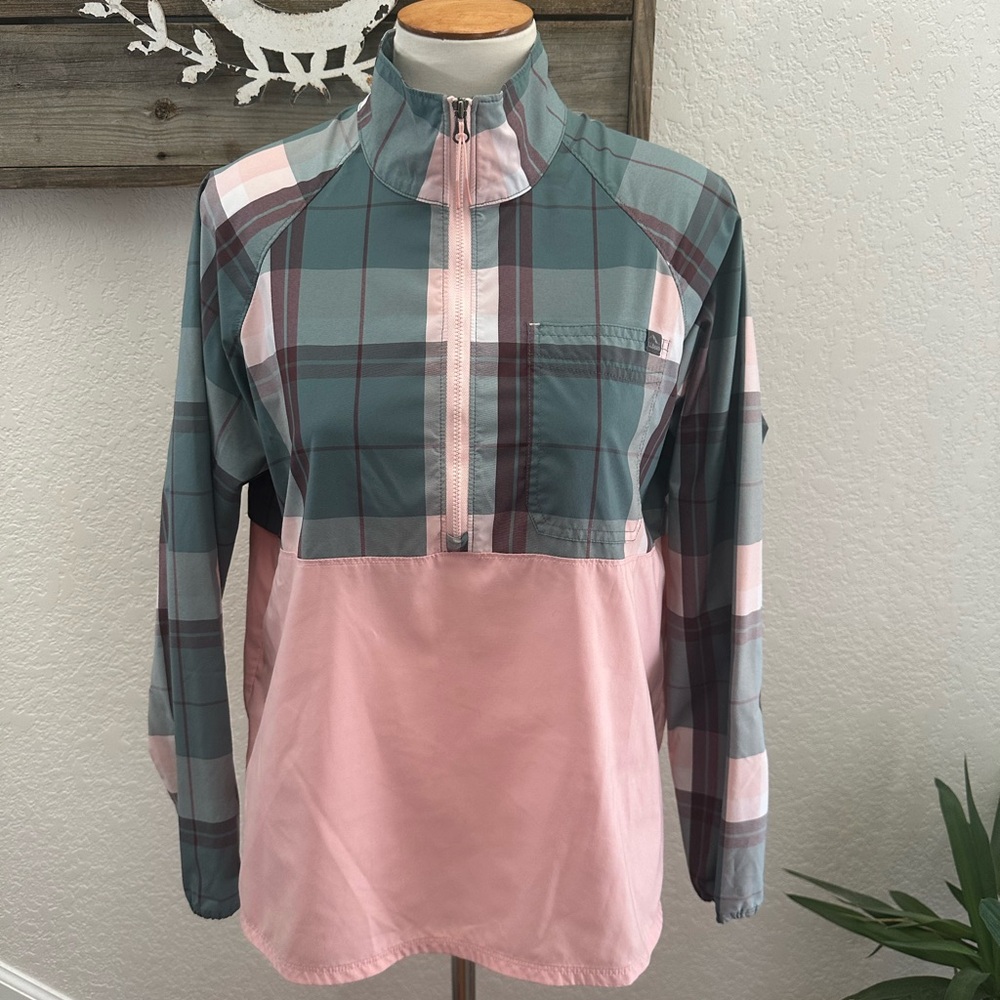 L.L. Bean Sunsmart Plaid Quarter-Zip Pullover in Teal and pink‎ ladies M Petite